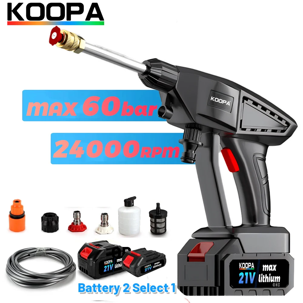 21V Cordless Pressure Washer,60Bar Multifunction Nozzle 1xBattery-Powered Copper Motor Washer Kit for Car Washing Window Clean