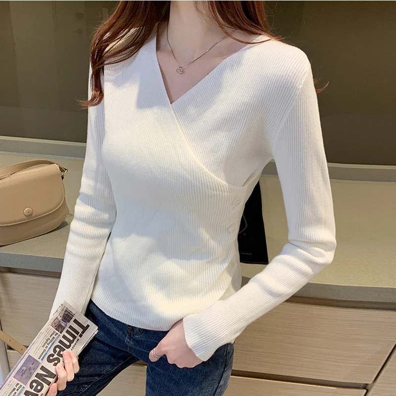 

Office Lady Slim Fit Clothes Women Pullovers Autumn and Winter Korean Fashion V-neck Long Sleeve Sweater Bottoming Tops 28577