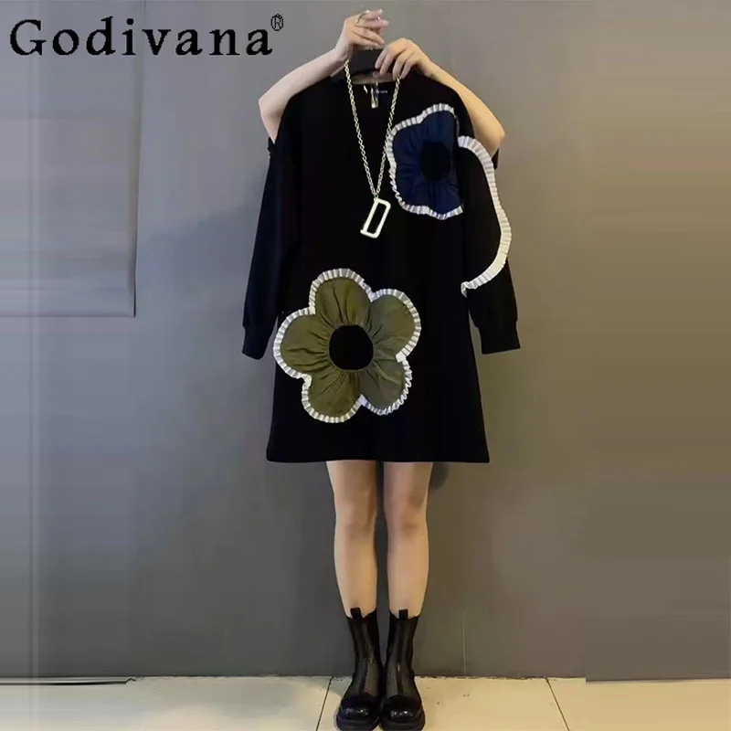 

Женское осенне-зимнее новое корейское универсальное свободное платье для отдыха большого размера, модные платья трапециевидной формы с высокой талией и длинным рукавом с круглым вырезом