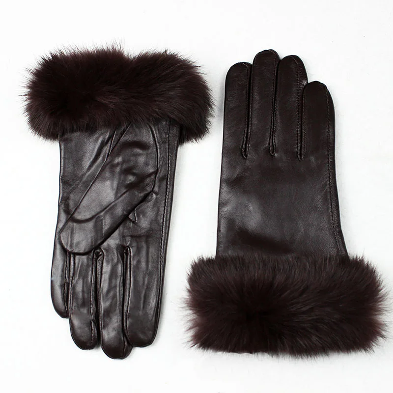 Winter Warm Leather Gloves Women's Fashion Rabbit Fur Thickened Outdoor Cold proof Motorcycle Riding Sheepskin Gloves