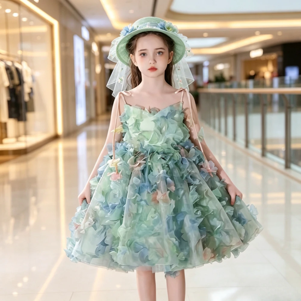 2026 Children Girls Green Sleeveless Strapless Performance Pageant Costume Gown Kids Birthday Princess Dress Flower Girl Piano