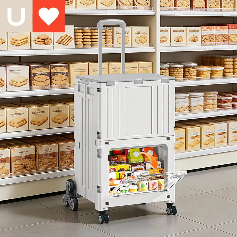 HYS no-bending folding shopping cart, home supermarket grocery shopping cart, enlarged wheels, outdoor camping small pull cart