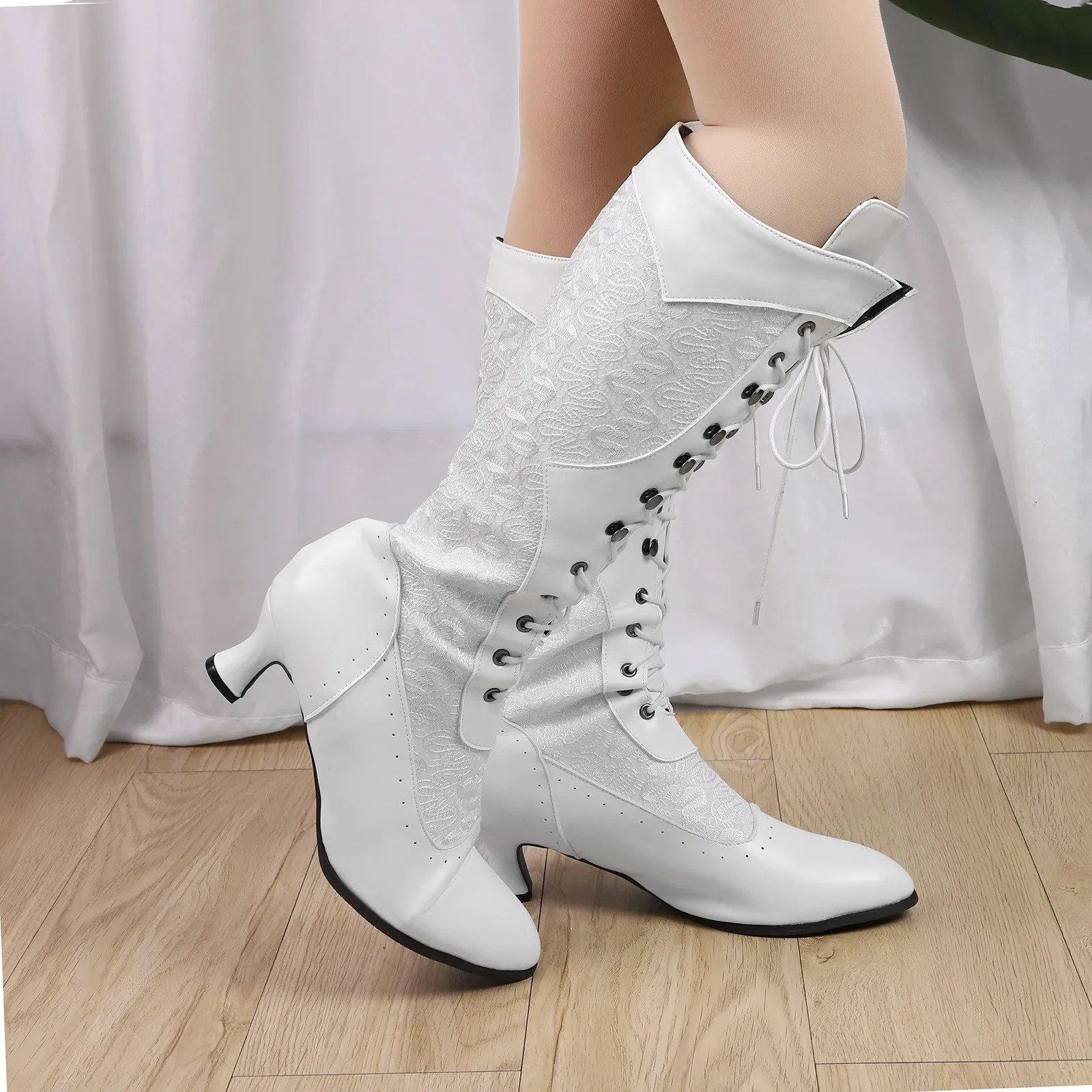 Women\'s Boots Fashion White Lace Patchwork Lace Up Knee High Boots Side Zip Pointed Toe Low Heeled Winter Autumn Modern Boots