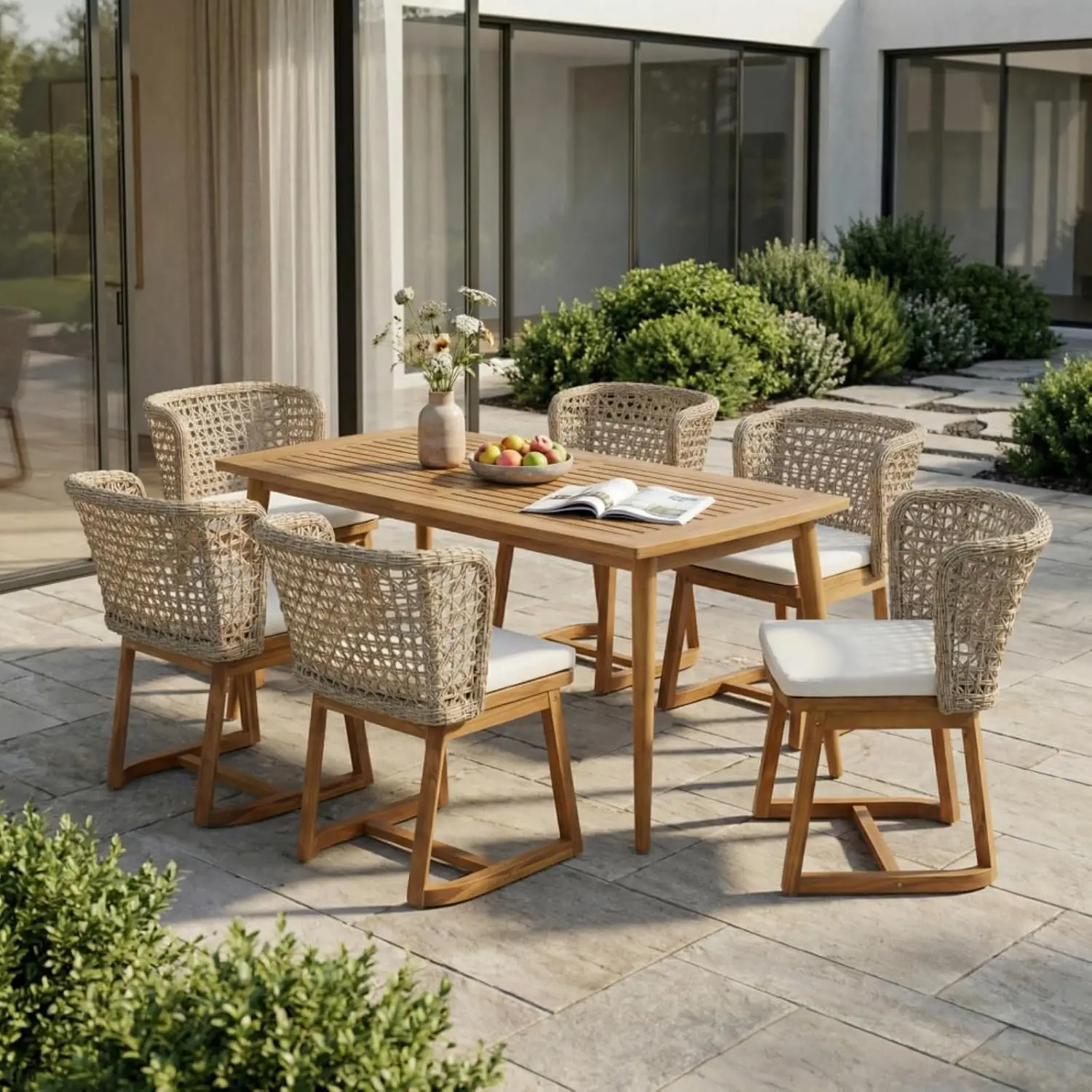 7-Piece Outdoor Dining Set With 6 Wicker Chairs For Patio, Poolside, Lawn, Weather Resistant Slatted Table, Customized