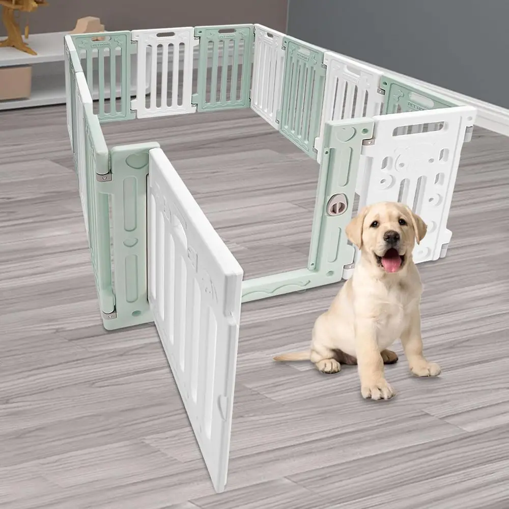 

12-Panel Green Plastic Indoor Dog Playpen with Door for Small Dogs and Cats, Easy Assembly