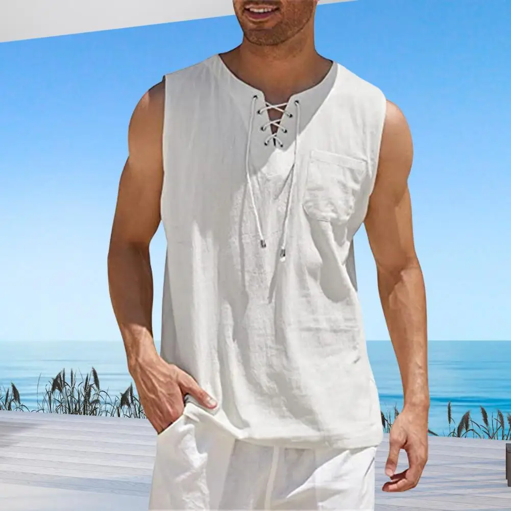 

Men Solid Color Vest Stylish Men's Lace-up V-neck Vest Tops with Patch Pocket Casual Streetwear Sleeveless Shirts for A Loose