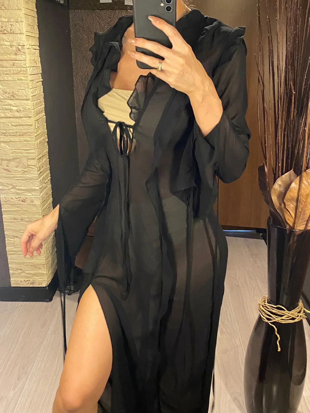 BWQ Deep V Neck High Split Long Dress Ruffles Beach Cover Up Bikini Cover-ups Beach Dress Beach Wear Beachwear Female Women