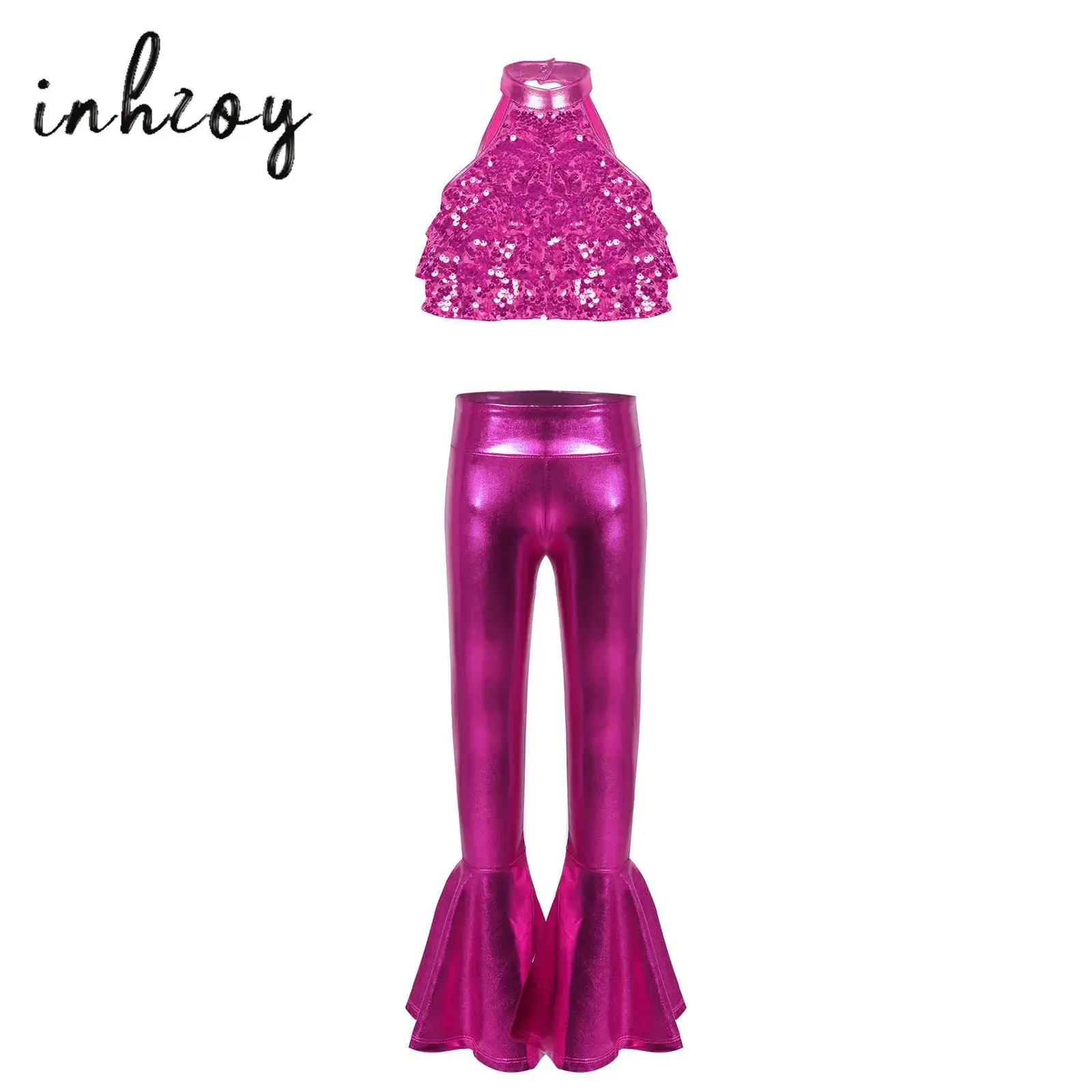 

Kids Girls Jazz Disco Dance Costume Mock Neck Cutout Back Shiny Sequin Backless Crop Top+Ruffle Hem Bell-bottom Metallic Pants