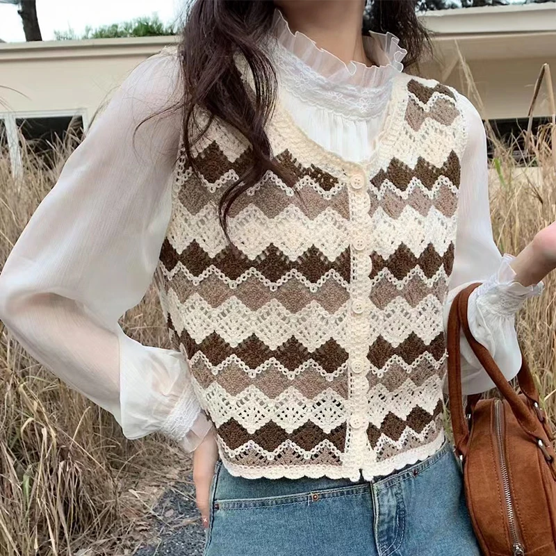 Argyle Crochet Vest 여성 민소매 버튼 다운 오픈 니트 양복 조끼 탑 Boho Teen-girl 봄 여름 해변 복장