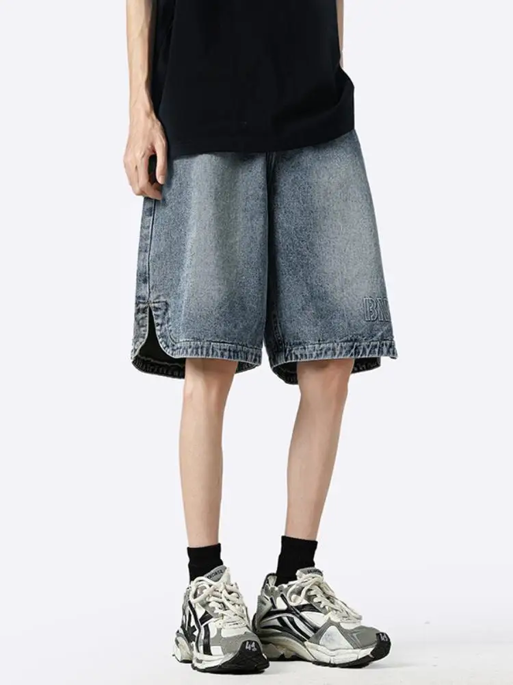 

Summer Thin Retro Waed Men's Jeans orts Loose Straight Leg High Street Sle Blue Denim Youth Faion Wear Resistant