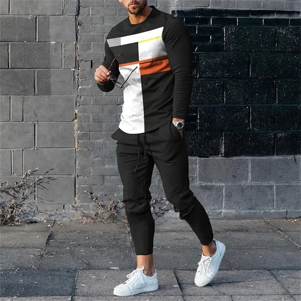 Men\'s Tracksuits O Neck Long Sleeve T-Shirts Trousers Outfit Sportswear Casual Fashion 2 Piece Set Oversized Streetwear Clothing