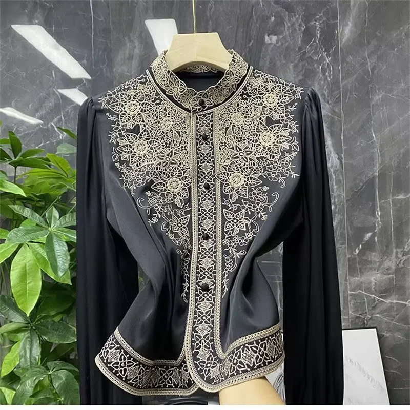 Women Clothing Shirts & Blouses Elegant Niche Design Embroidery Stand Collar Long Sleeve  Imitation Silk Shirt Female Autumn