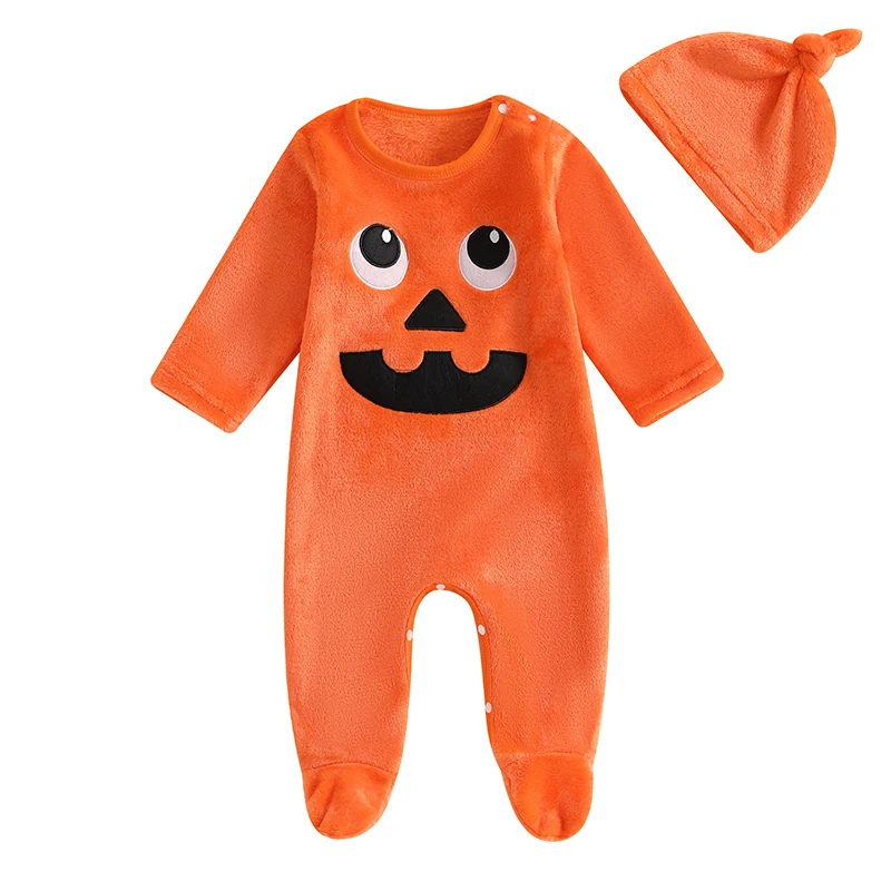 

Newborn Infant Baby Boy Girl My First Halloween Pumpkin Romper Long Sleeve Footed Jumpsuit Bodysuit Overalls 0-18M