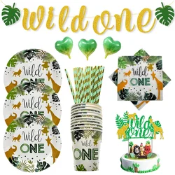 Wild One Birthday Decor Disposable Tableware Set Cups Plates Napkins Flags Cake Topper Balloons Jungle Theme Party Supplies