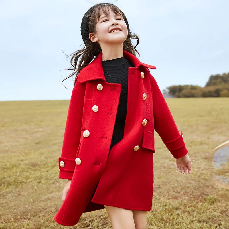 Elegant Girl Wool Long Coat Autumn Winter Kids Clothes Beige Red Black Color Retro Trench Coat 8 10 12 years