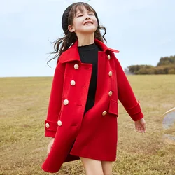 Elegant Girl Wool Long Coat Autumn Winter Kids Clothes Beige Red Black Color Retro Trench Coat 8 10 12 years