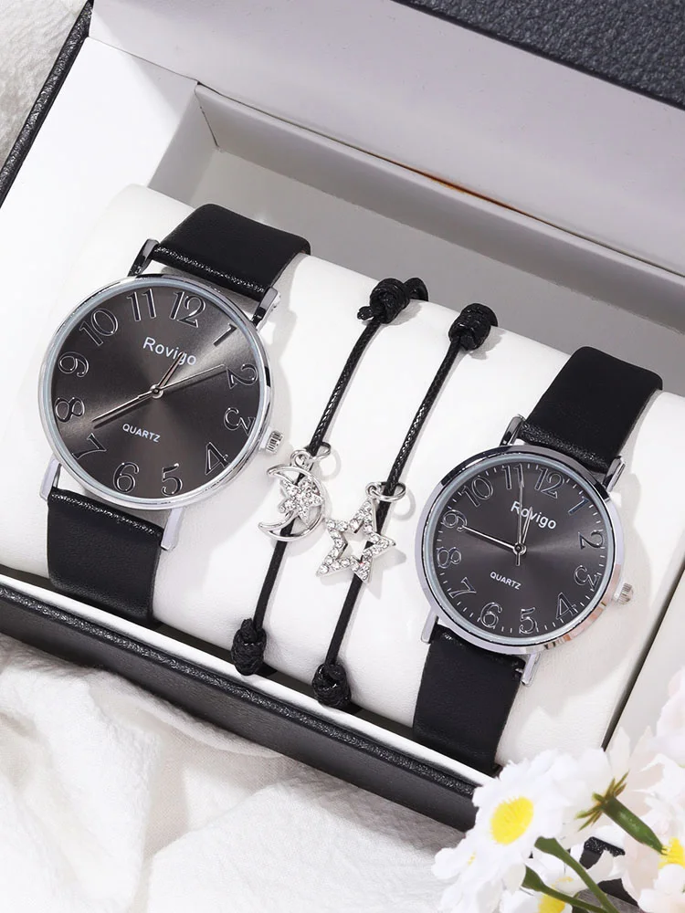 4pcs Minimalist Couple Watches for Male and Female Students, Digital Side Casual Fashion Versatile Quartz Watch, Couple Bracelet