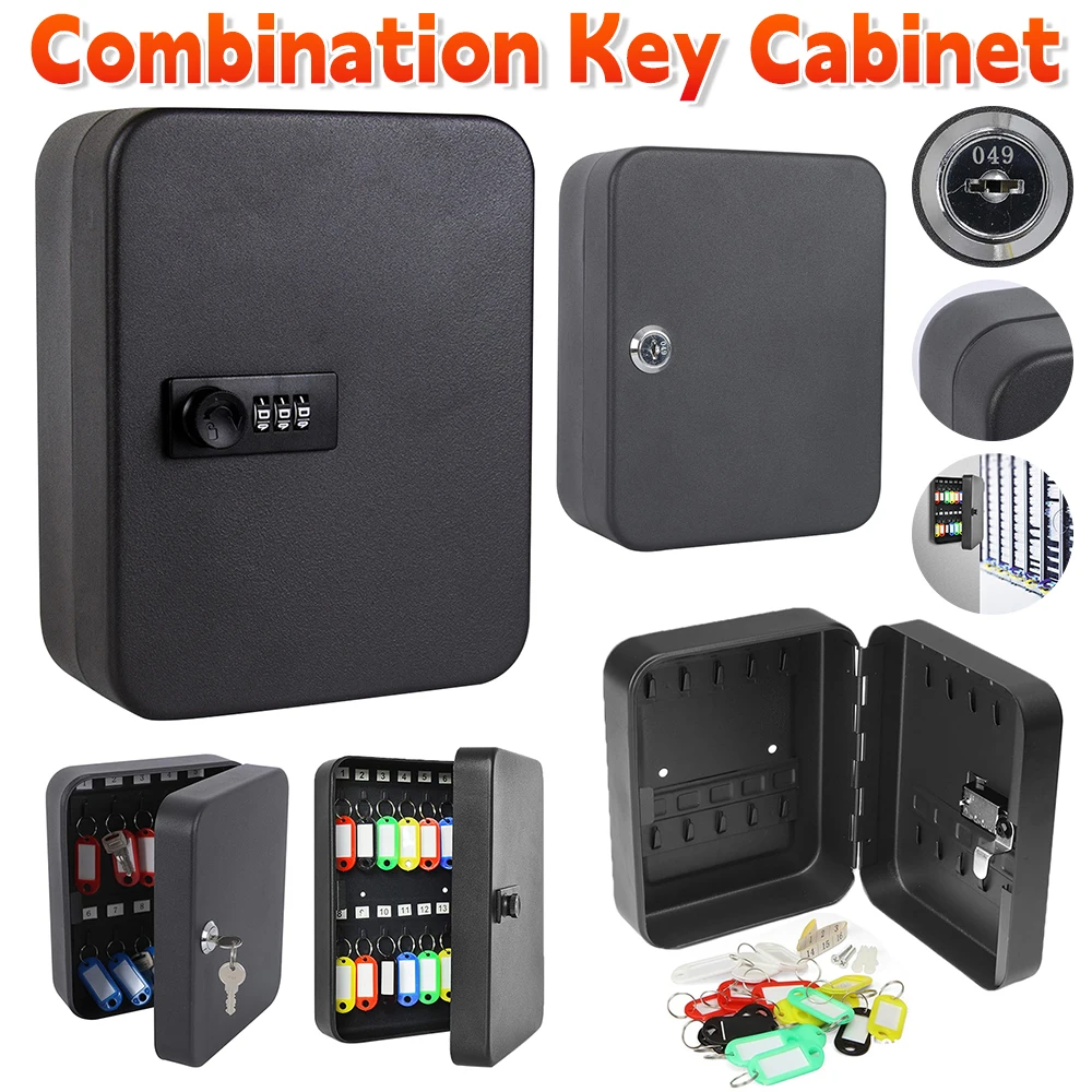 Combination Key Cabinet with Security Lock, Locking Key Box, Home Safe Deposit Box, Wall Mount Keys, 20 ganchos