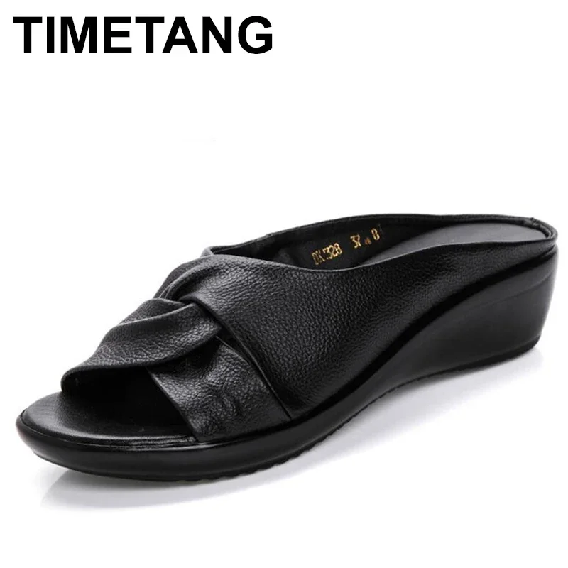 TIMETANG Summer New Leather Wedges Sandals Comfort Mother Shoes Woman Platform Flip Flops Slip On Creepers Flats C195