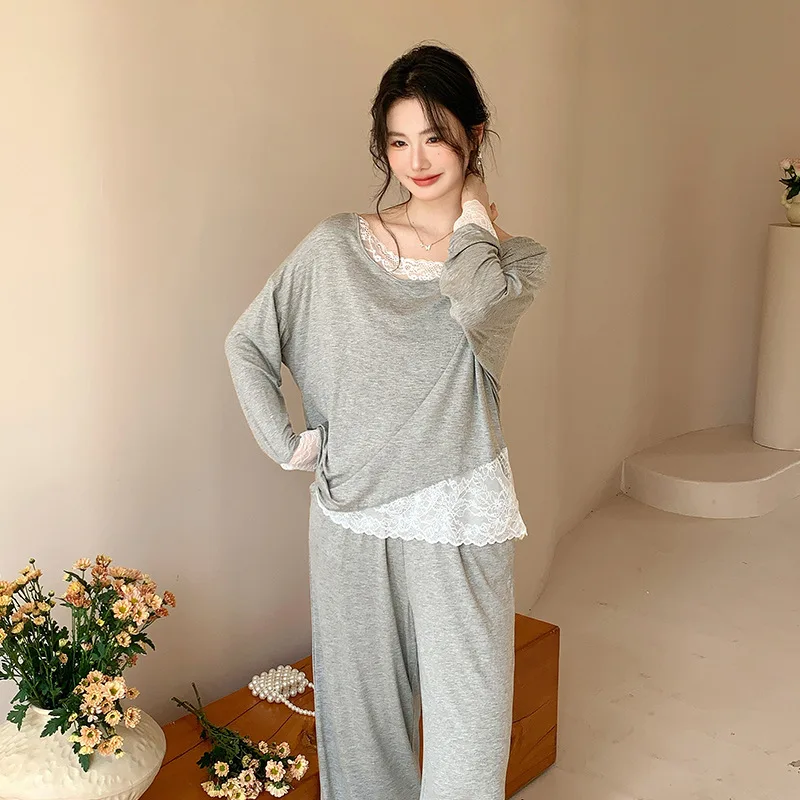 

Women's Spring Summer New Modal Slash Neck Sleepwear Pajamas Set Sexy Ladies' Lace Trim Pajamas Homewear Pyjama Pour Femme