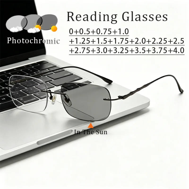 

Ultra-lightweight Frameless Photochromic Presbyopia Glasses Stylish Square-frame Blue Light-blocking Women Reader Eyewear