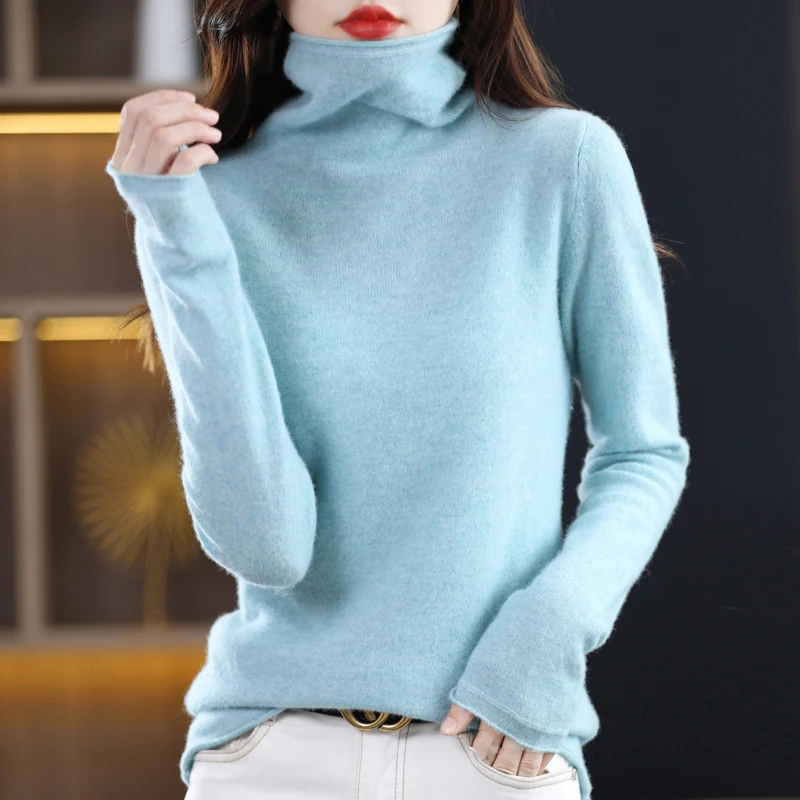 100%Merino Wool Women Sweaters Winter Knit Solid Pile Collar Long Sleeves Warm Cashmere Pullovers Versatile Basic Bottom Jumpers