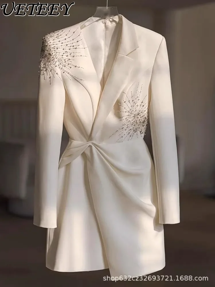 Weißes Heavy Industry Bead Suit Dress Damen Herbst und Winter Advanced Sense Foreign Light Luxury Elegante Pendlerkleider