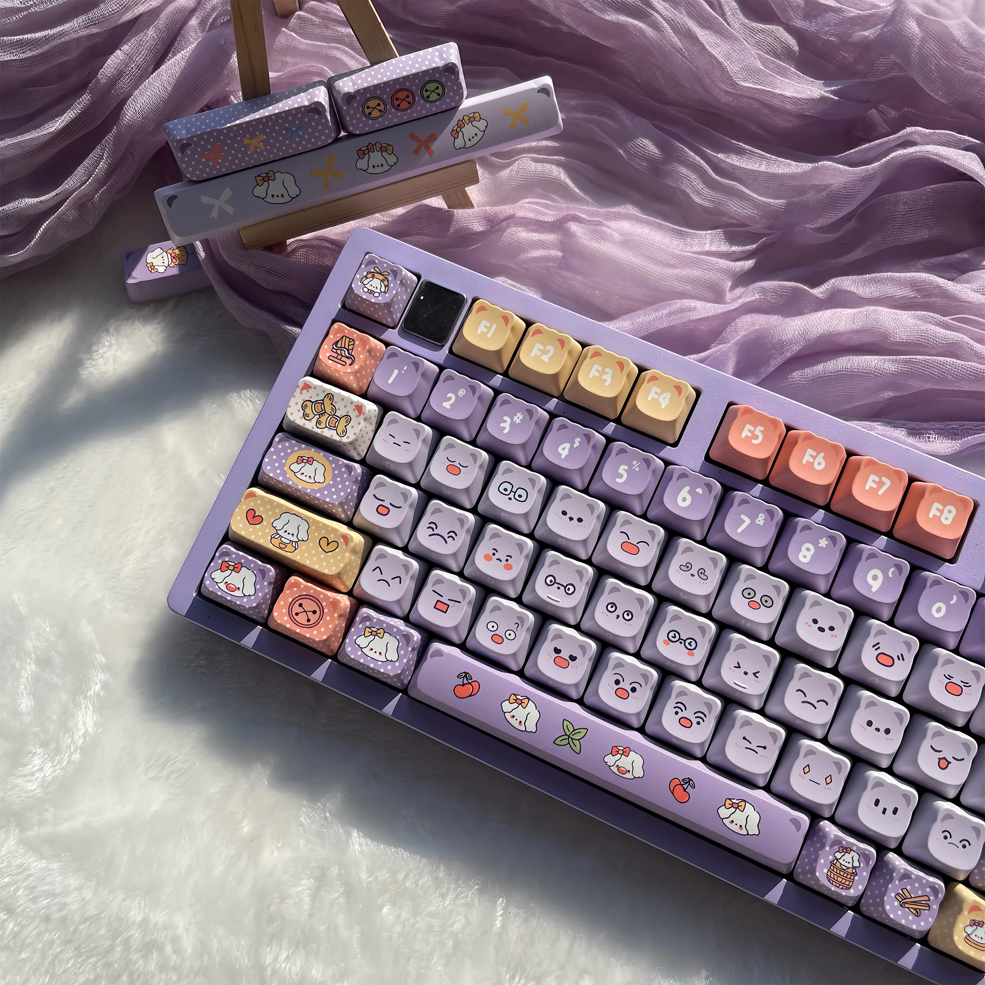 Tailor Dog Theme Keycaps Thermal Sublimation PBT Cherry Profile Keycaps 130 Keys Purple Custom Keycaps for Mechanical Keyboards