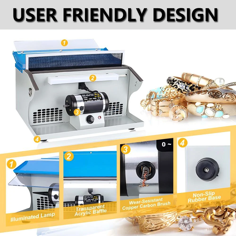 Jewelry Polisher Desktop Variable-Speed Polishing Machine Polishing Buffing Machine with Dust Collector Bench