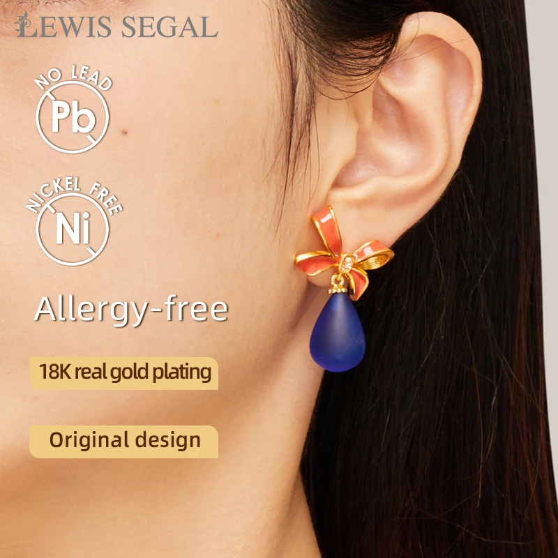 LEWIS SEGAL Bow-shaped Dangling Earrings For Women Independent Girl Medieval Style Glaze 18K Real Gold Plated