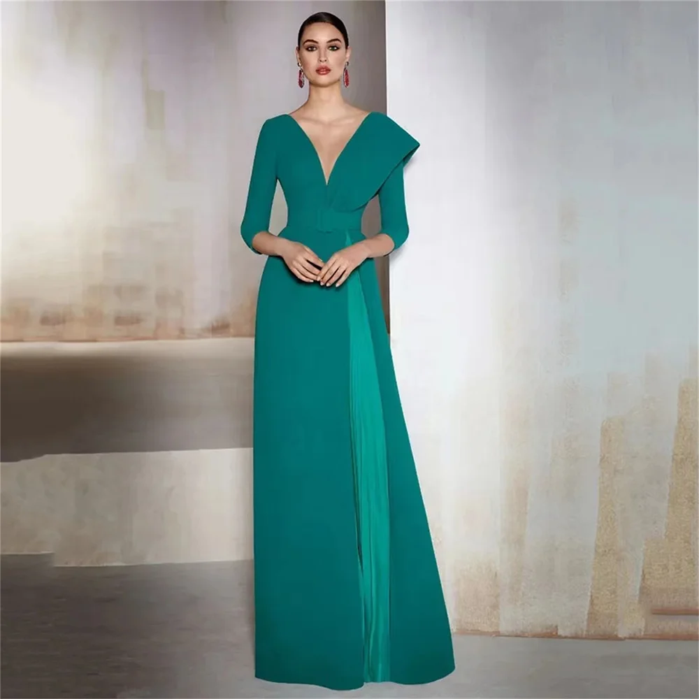 

Elegant Green V-neck Three Quarter Mother's of the Bride Dress Belt Floor Length Evening Dresses Wedding Guest Gown Vestido de N