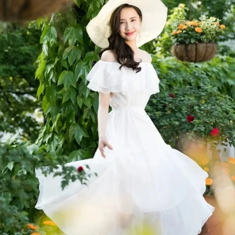 

Women's Summer White Chiffon Dress Elegant Fashion Beach Style A-Line Long Dresses Solid Flounced Edge Casual Female Clothing