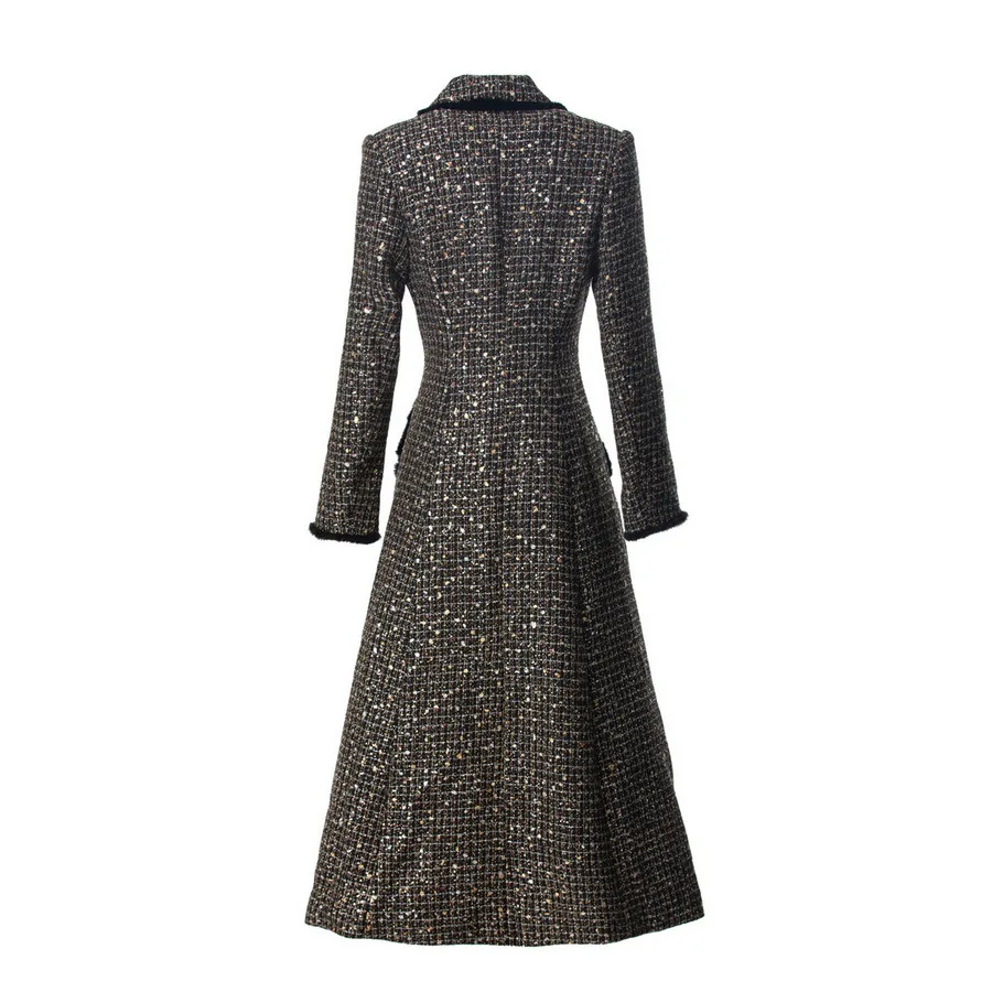 Abrigo de tweed con doble botonadura para mujer de Europa y Estados Unidos, novedad de invierno de 2024, manga larga, hilo dorado y plateado, XXXL