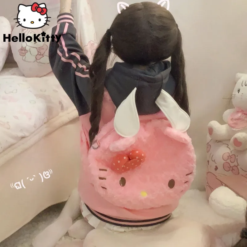 Sanrio Hello Kitty New Round Plush Backpack Y2k Japanese Style Soft Cute Bags Women Aesthetic Bow Large Capacity Shoulder Bag