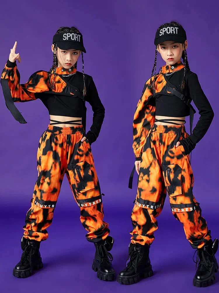 

Children's jazz dance performance costumes with exposed navel camouflage and fluttering sleeves pants for performance fashion