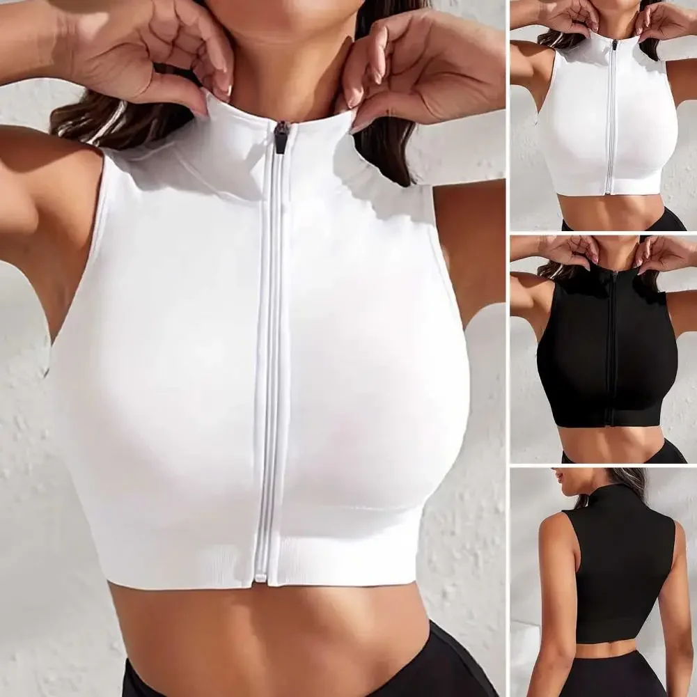 

Women Sports Top Seamless Zip-up Stand Collar Jogging Vest Soft Sleeveless Crop Top Stretchy Shockproof ropa de mujer
