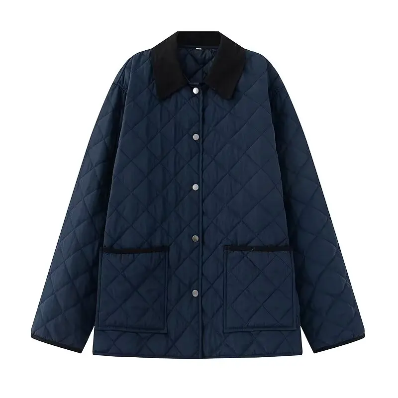

European and American Autumn and Winter Versatile Simple Lapel Diamond Grid Long Sleeved Cotton Jacket for Women