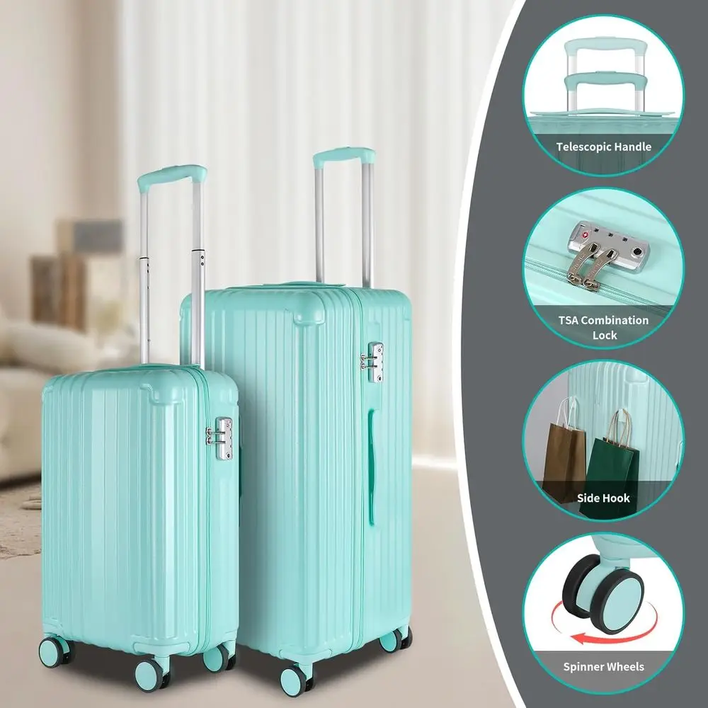 Mint Green 20 & 28 ABS+PC Luggage Set with TSA Lock, Dual Zipper & Mesh Lining