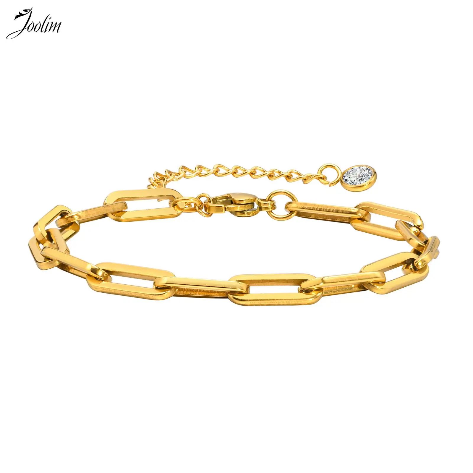 Joolim Jewelry High End PVD Wholesale No Fade Simple Retro Geometric Pin Link Chain Zirconia Stainless Steel Bracelet for Women