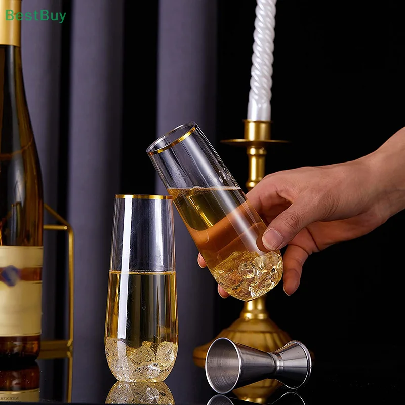 5PCS Gold Rimmed Champagne Cup Wine Glass Disposable Durable Party Wedding Festival Bar Wine Cup Bar Cocktail Drink Juice Cup