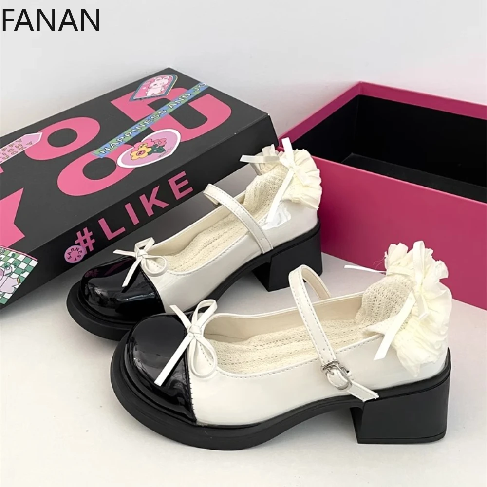 

2025 New Platform Mid Heel Pumps Women's Shoes One-word Buckle Single Shoes Summer Fashion Sweet Bow Mary Jane Shoes