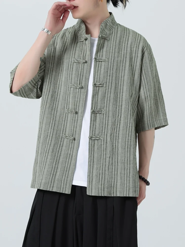 

Новая мужская рубашка в китайском стиле с коротким рукавом, из льняно-хлопковой смеси, дышащая, тонкая, летняя, модная, ретро, на пуговицах, в стиле Ханьфу/Тан