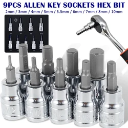 9Pcs 2mm-10mm Hex Bit Socket Set Sturdy Allen Key Sockets 3/8inch Drive Drill Metric Tools Kit Durable Impact Socket Set