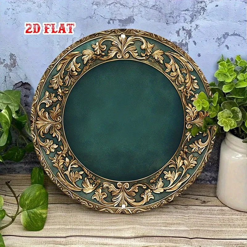 Golden Leaf Teal Rundes Metalldekor mit verziertem Blumenmuster, rahmenlose Aluminiumkunst für Wohnzimmer, Retro-Heimdekoration für den Innenbereich,