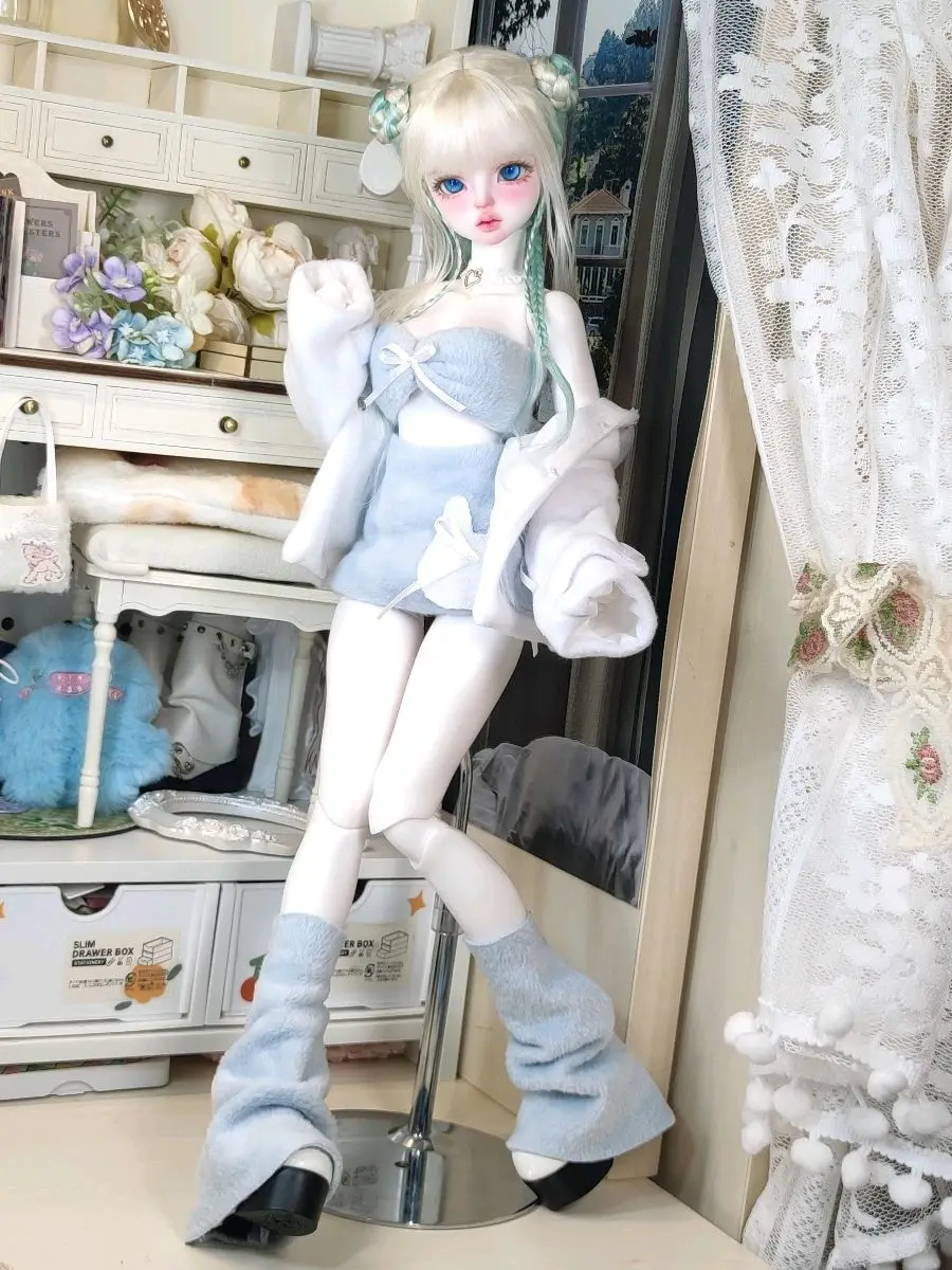 bjd doll clothes fit into 1/4 size light blue thick coat with bare legs set doll accessories