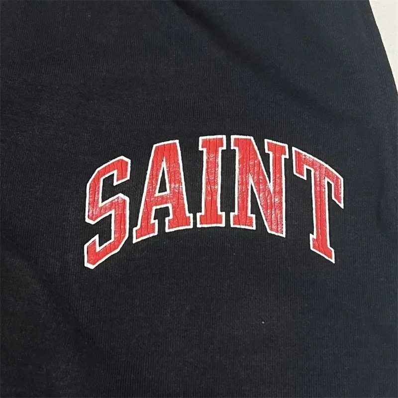 Black SAINT MICHAEL Pants Men Women 1:1 Top Quality Cracked Retro Print SAINT LOGO Oversized Sweatpants