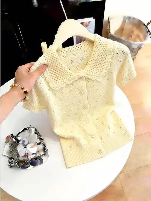 French Sweetheart Doll Collar Hollow-out Knit Short Sleeve T-shirt - Women's 2026 New Design, Slim Fit, Figure-flattering Top