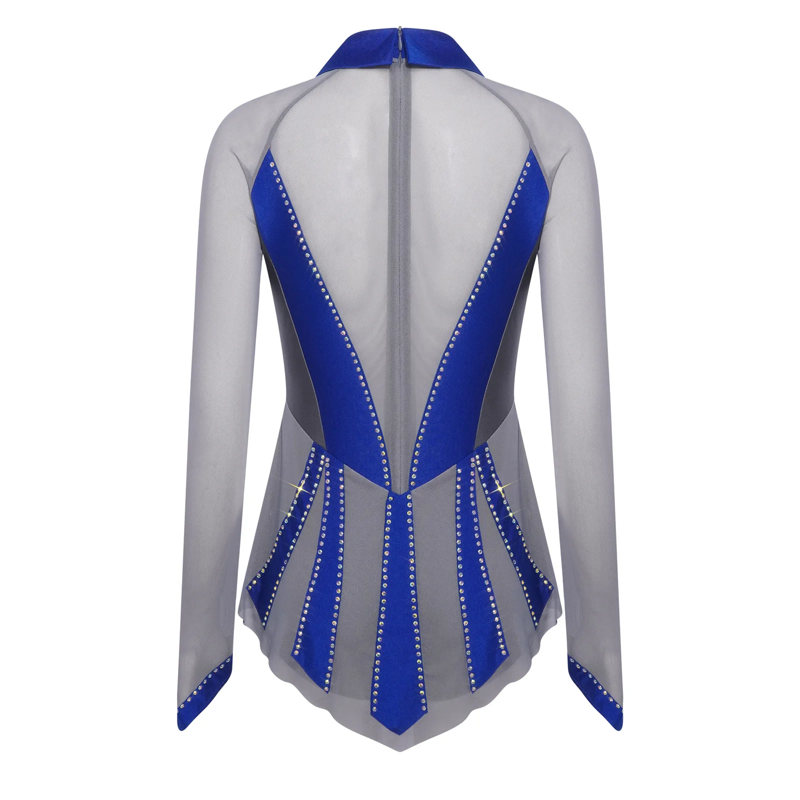 Abiti da pattinaggio artistico su ghiaccio da donna Abiti da ballo lirico con strass scintillanti Body con volant a contrasto di colore patchwork in rete trasparente