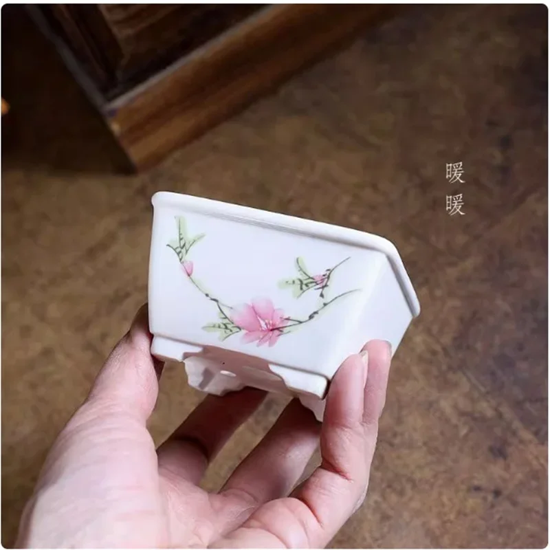 Porcelain White Bonsai Pot,Square Mini Pot,Round,Small Flower Vase,Dormitory Planting, Desk Table, Garden Decoration