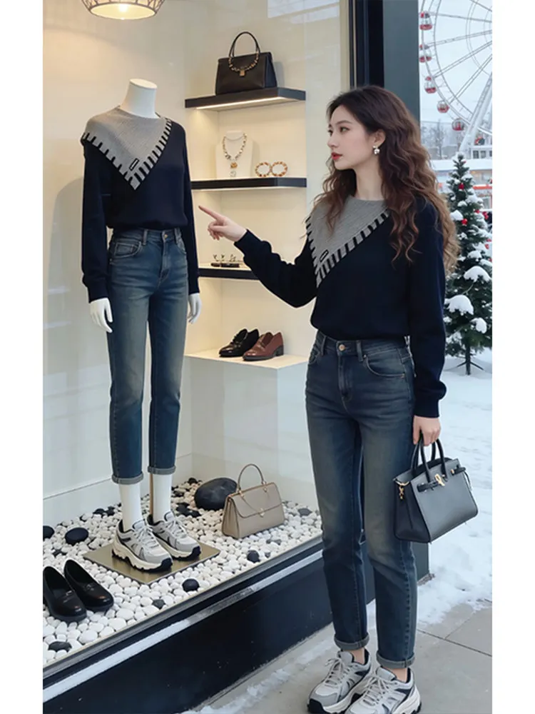 

Женский модный повседневный свитшот Ele Simple Knitwear, облегающий, осенне-зимний, новинка, средней толщины